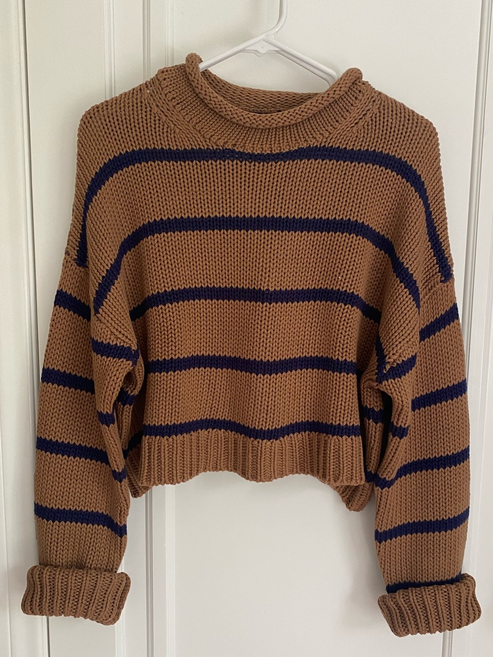 NWT- Wyeth: Women’s Cropped Striped Knit Sweater - Tan & Navy